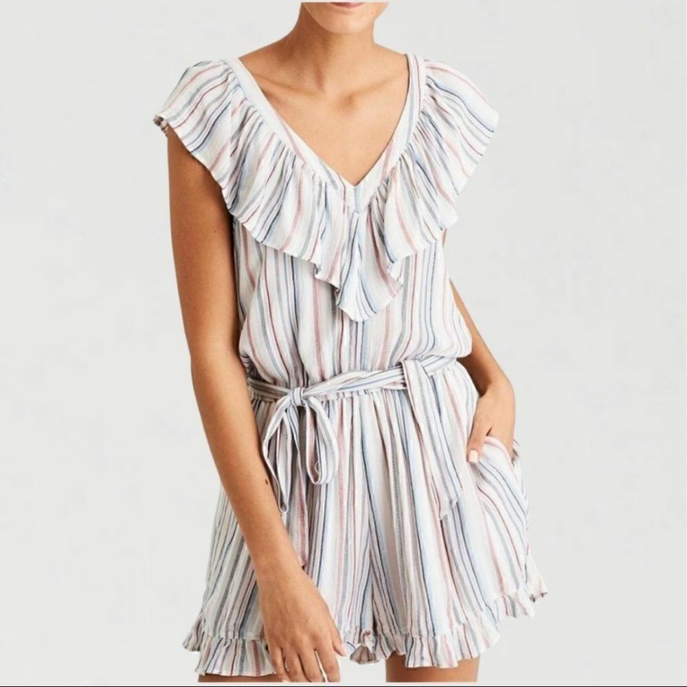 AEO American Eagle Outfitters Stripe Vneck Romper Red Blue